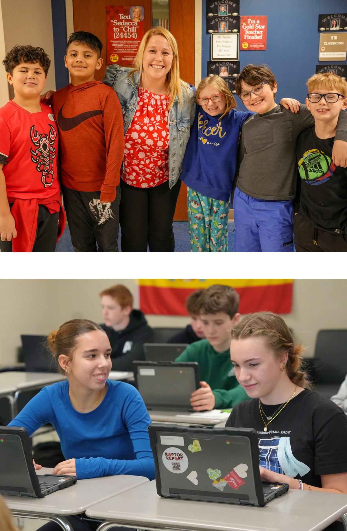 two photos: students and a teacher pose for a group photo in the hallway; two students working on their laptops during class